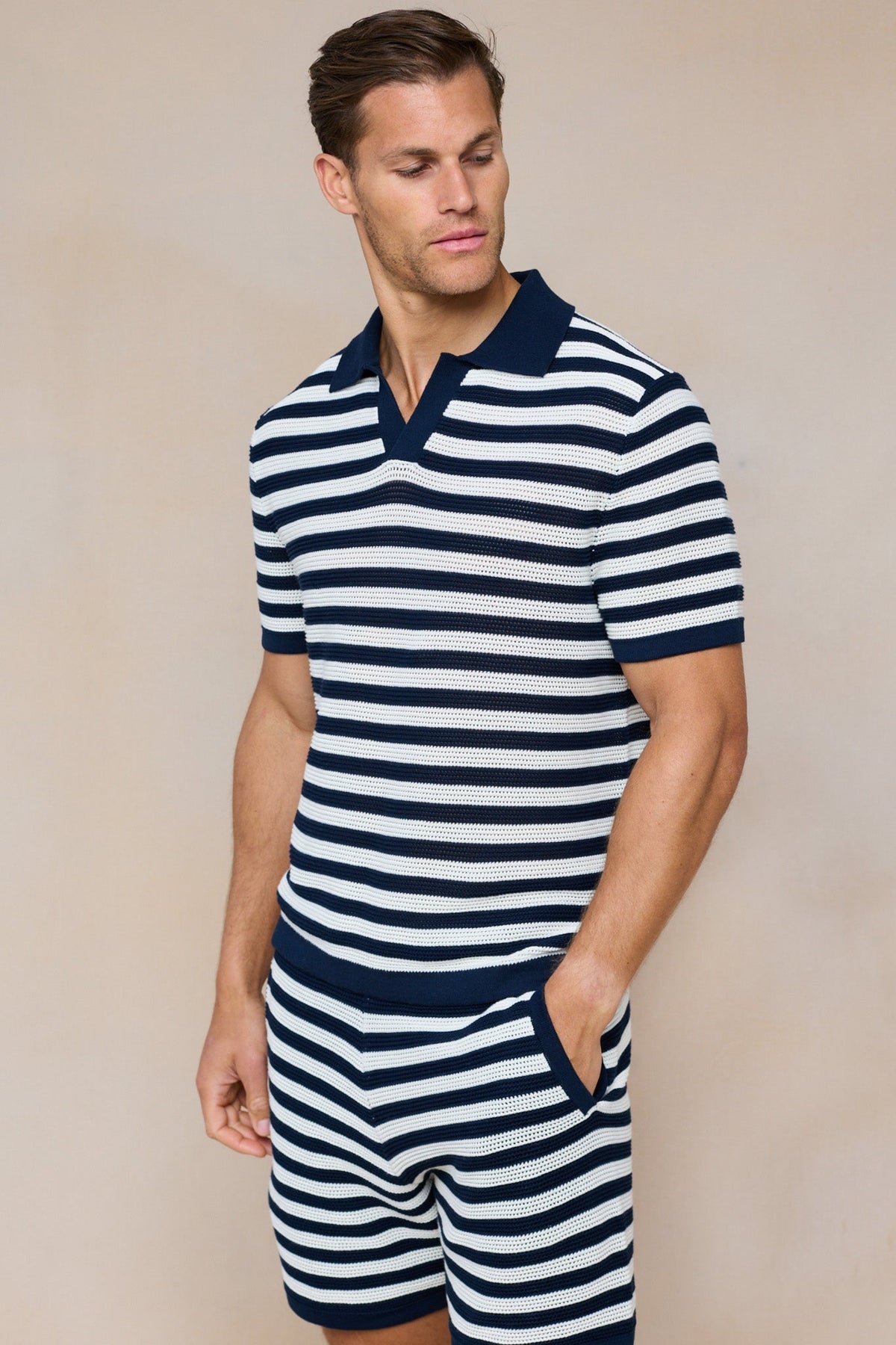 Lattolo Striped Knit Polo Shirt - Navy/Ecru