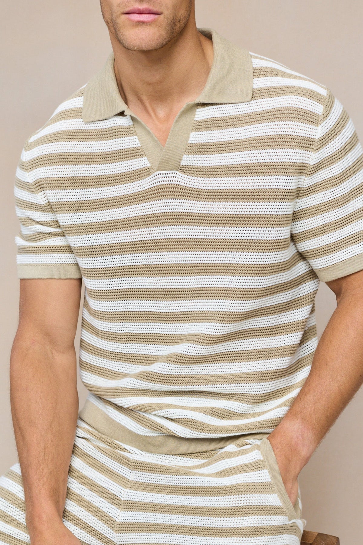 Lattolo Striped Knit Polo Shirt - Ecru/Beige